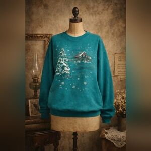 Vintage Weekend Edition Teal Cabin Snow Scene Sweatshirt 90s M